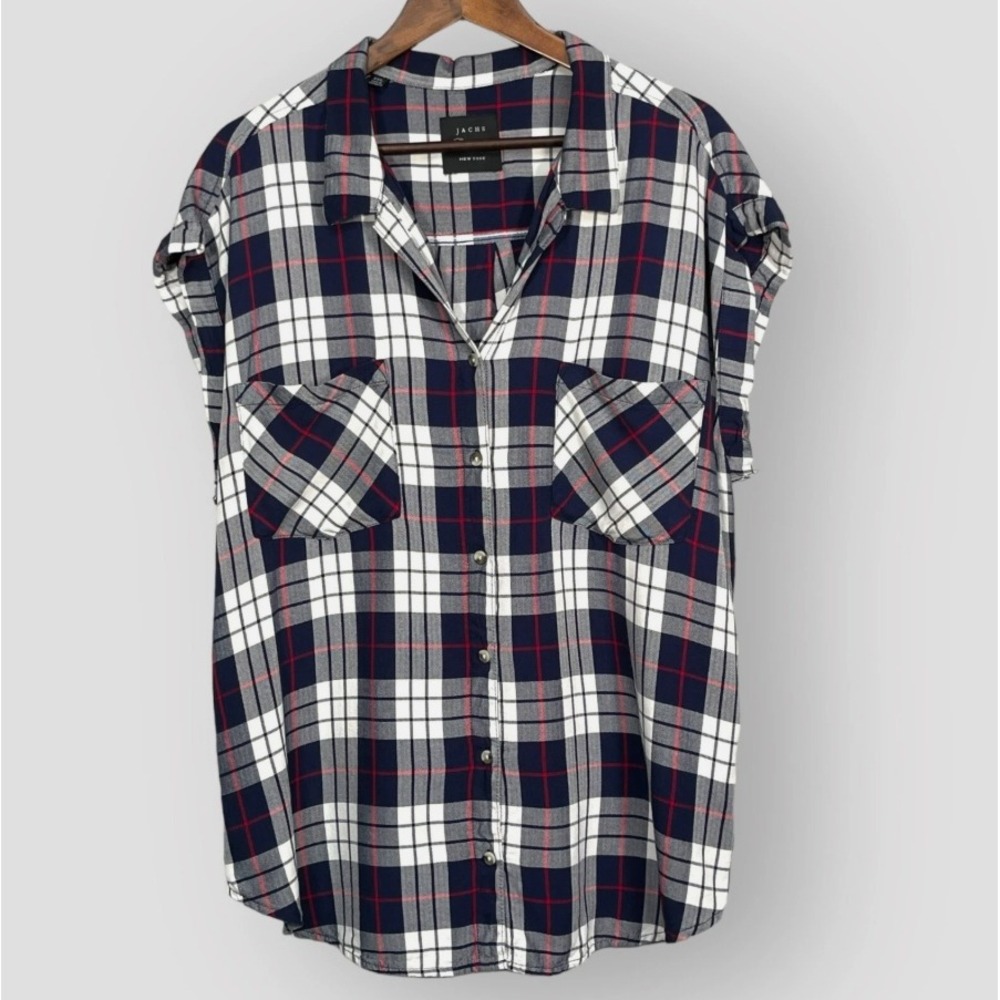 Jachs Girlfriend Womens XXL Plaid Short Sleeve Button Down Shirt Navy Blue Red